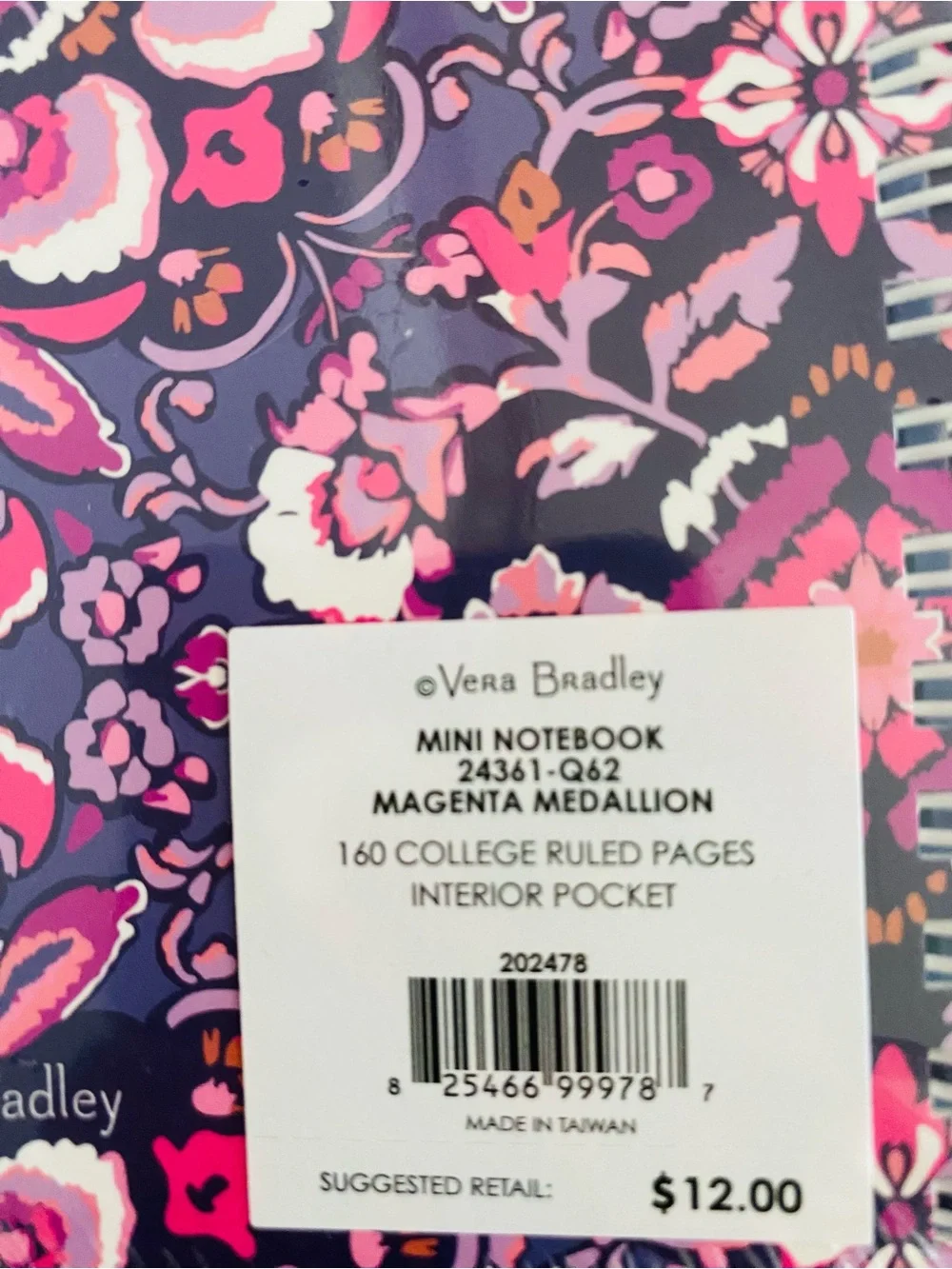 Vera Bradley Mini Spiral Notebook NWT Magenta Medallion. 160 pages